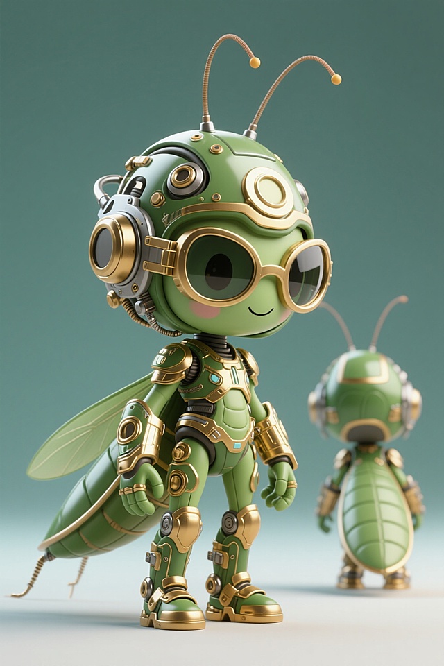 拟人化螳螂，戴着护目镜，头戴机械头盔，身穿绿色鎏金机械护甲，可爱风，C4D建模，三视图（正面、侧面、背面），超细节，精细画质，8K超清