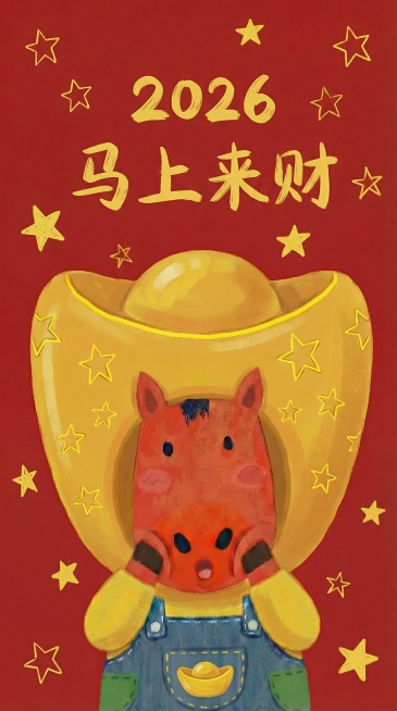 小马衣服肚兜上的苹果换成金元宝。红色背景上加一些不同大小手绘金色星星，星星没有五官。背景上的“2026马上来财”字样样式改成手绘风格。其余一切保持不变。预览效果