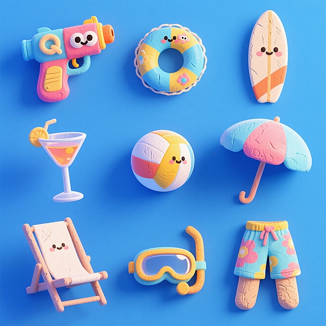 3D粘土风设计，卡通拟人化夏日元素，展现可爱清凉的海滩风情。