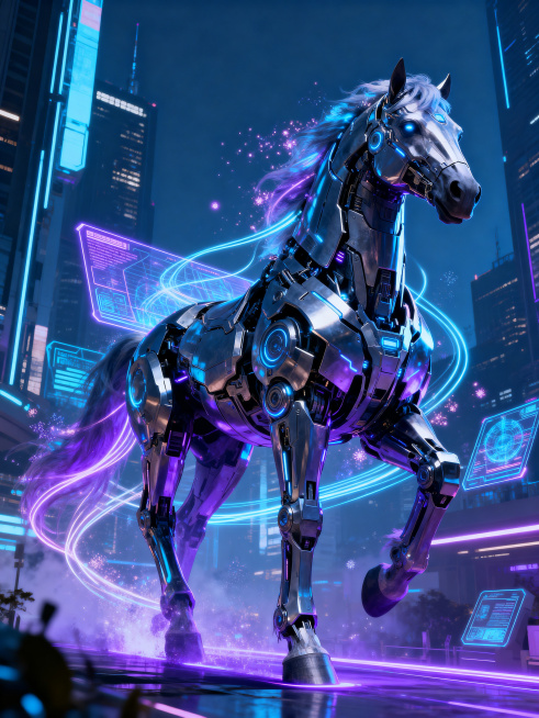 赛博朋克未来都市背景，画面主体是巨型机械战马，全身覆盖金属机甲，散发霓虹蓝紫光效，周身环绕流光线条、全息投影与粒子特效，充满未来科技感，冷色调呈现，超高清电影级画质，霸气震撼，马年主题，画面无任何文字预览效果
