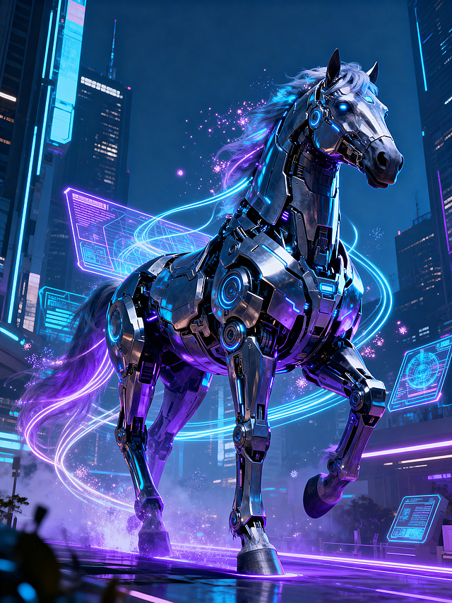 赛博朋克风机械马，金属质感与霓虹光影交织，粒子特效环绕，未来科技感十足，虚拟现实场景中展现酷炫梦幻的体积感与动态美感。