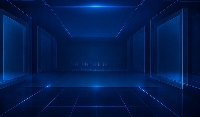 保留图片原有的深蓝色科技空间透视立体感，完全去除图片两个红色圈选区域内的所有线条和电路图案，将这些区域处理干净，保持整体风格和空间结构一致，和周围的简洁纯色玻璃风格统一