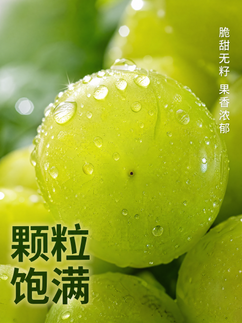 [主图-3] 阳光玫瑰葡萄细节颗粒特写图。
[氛围风格] 微距特写，突出果肉新鲜饱满质感
[画质] 商业摄影质感、光线柔和通透、产品清晰真实、画面干净高级，充满食欲感。保持阳光玫瑰葡萄外观（物理结构、预览效果