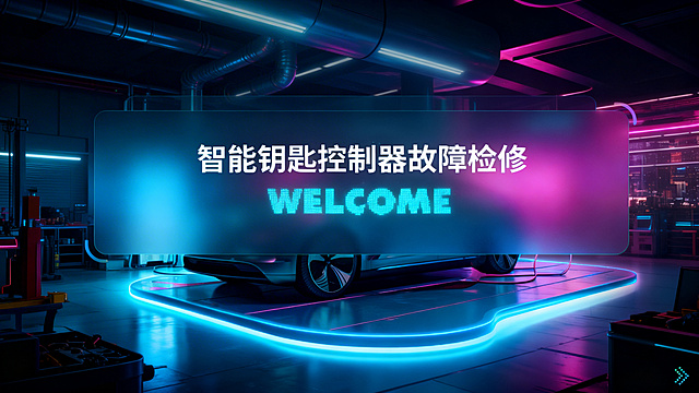 基于这张智能钥匙控制器故障检修的欢迎图，生成不同风格的版本，保留文字内容："智能钥匙控制器故障检修"和"WELCOME"，保留汽车检修场景，更换不同的艺术风格，保持整体排版结构