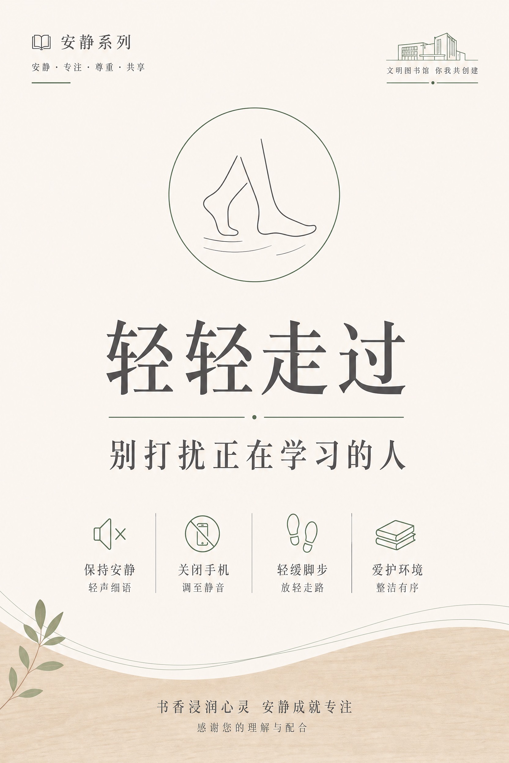 大学图书馆文明提示海报，极简校园公共空间风格，简约清爽克制高级… - 图片创意预览