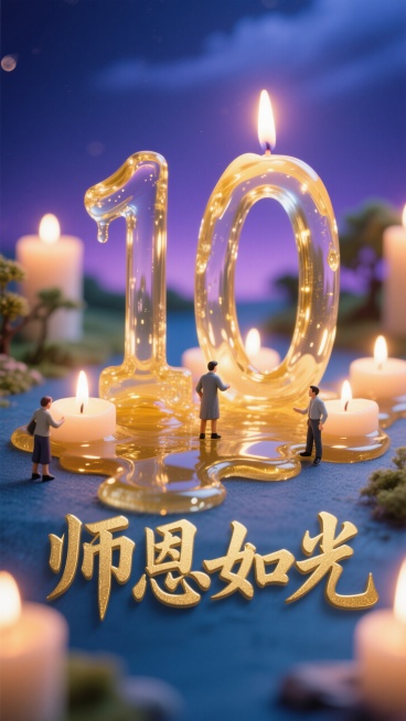 融化的蜡烛的烛油，慢慢汇聚成数字 “10”，背景是深邃而温柔的蓝紫色夜空，蓝色与紫色相互交融，过渡自然，在蜡烛下方，展开着烫金质感的艺术字体 “师恩如光”。字体的笔画粗壮有力，预览效果