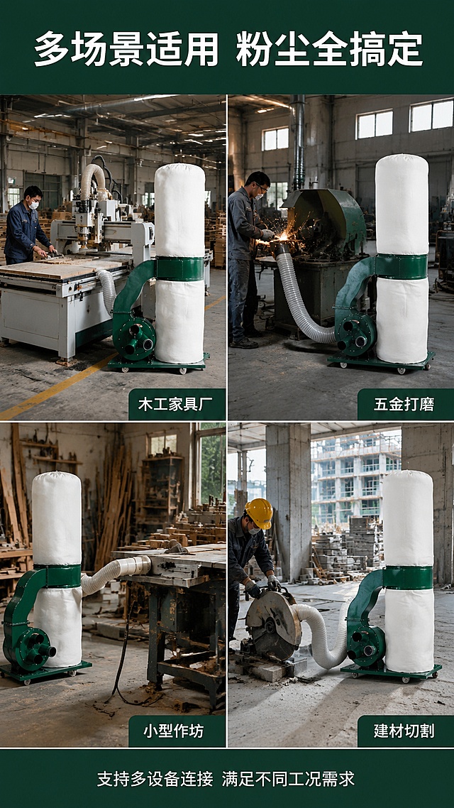 [第5屏] 详情页场景展示-多场景应用拼图。本屏使用【图1】作为各场景中的产品主体。
[氛围/风格] 工业场景拼贴风，真实车间环境，多场景切换，商业摄影质感。
[元素布局] 画面采用2×2四宫格拼图，展示4个不同使用场景：1.左上：木工家具厂车间，吸尘器连接木工雕刻机，工人在旁操作；2.右上：五金打磨车间，吸尘器连接砂轮机，金属打磨粉尘被吸收；3.左下：小型木工作坊，吸尘器放在工作台旁，吸风管对准锯台；4.右下：建材切割现场，吸尘器连接切割机，地面干净无粉尘；每格场景中产品外观、颜色、结构与输入图一致。
[光影质感] 每个场景有独立光源，均为工业车间照明风格，顶灯+环境光；产品在各场景中受光自然，与环境融合；四格之间有细微白色分割线。
[配色色系] 全局底色深墨绿#163D32边框；各场景主色为环境本色，木色/金属色/水泥灰；产品统一绿白配色；分割线和标题用白色。
[视角构图] 四宫格等分布局，每格独立场景；顶部通栏标题区；阅读动线从上标题 → 左上 → 右上 → 左下 → 右下。
[文字版式] 顶部通栏主标题「多场景适用 粉尘全搞定」，白色黑体粗字居中，深绿底；每格场景右下角有场景标签：「木工家具厂」「五金打磨」「小型作坊」「建材切割」，白色字半透明深绿底；底部通栏小字：「支持多设备连接 满足不同工况需求」。
[比例分辨率] 9:16竖版比例，4K分辨率，文字清晰可辨，高清画质。
[负向提示词] 产品变形，结构错误，颜色偏差，场景错乱，水印，文字过小，人物畸形。