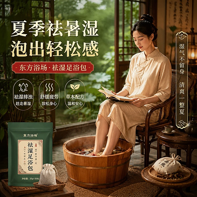 东方浴场足浴包第四张主图，泡脚使用场景展示，突出夏季祛除暑湿养生效果，温馨中式氛围，1:1，适配微信小店