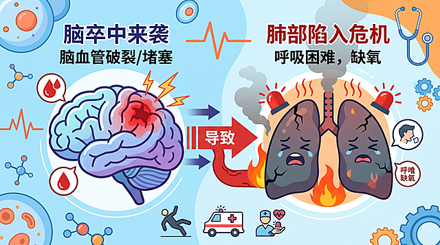 二维扁平插画风格，主题为当脑卒中来袭肺部陷入危机，适用于万彩动画大师