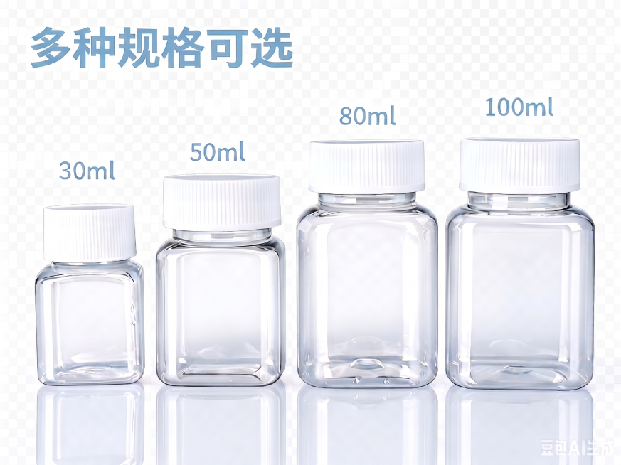 缩小第二个瓶子（50ml）和第三个瓶子（80ml）之间的间距，保留图片中所有文字和其他三个瓶子间距不变，保留透明背景和倒影效果，保持瓶子样式和整体画质不变预览效果