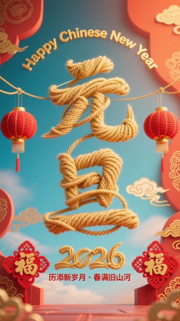 风格调性：将毛线编织与传统剪纸艺术结合，福字与祥云元素传递吉祥寓意，整体风格雅致喜庆，兼具手工质感与节日氛围；画面构图：竖向中心聚焦，“元旦”字为视觉核心（占比65%），上方以弧形排列“Happy C预览效果