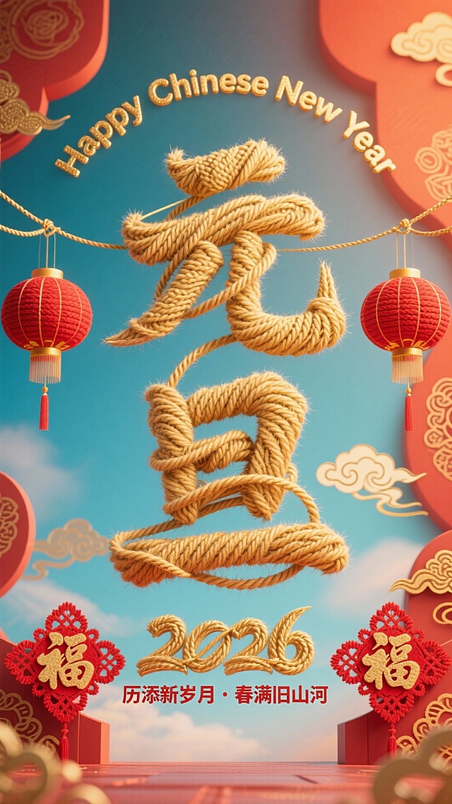 3D毛发生长风绳结“元旦”字，融合剪纸与浮雕元素，红灯笼点缀，中式喜庆感十足，呈现2026新春祝福。