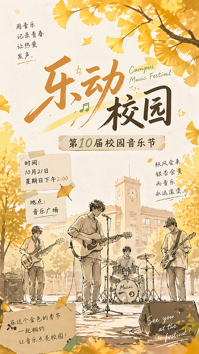 文艺感插画风海报，水彩与手账元素交织，秋日银杏点缀，柔和色调营造清新舒适氛围，简约主义设计传递校园音乐节的青春诗意。