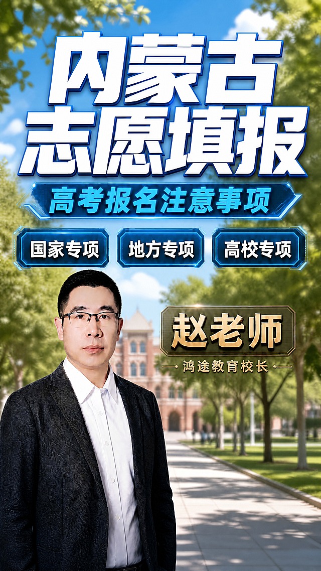 在参考图1的基础上，将背景从科技数据风格替换为校园风场景。保持画面所有文字、标题、标签、名牌、人物形象和位置完全不变，只替换背景。新背景为阳光明媚的大学校园场景：画面下方是校园林荫道，两侧有高大的梧桐树和绿色草坪，远处可见大学教学楼和图书馆的建筑轮廓，天空湛蓝有白云，整体色调明亮温暖，充满青春校园气息。背景做适当虚化处理，保证前景的文字和人物清晰突出，背景不抢主体。人物边缘与新背景自然融合，光照方向统一为自然光，整体氛围青春向上，符合高考志愿填报的教育主题。