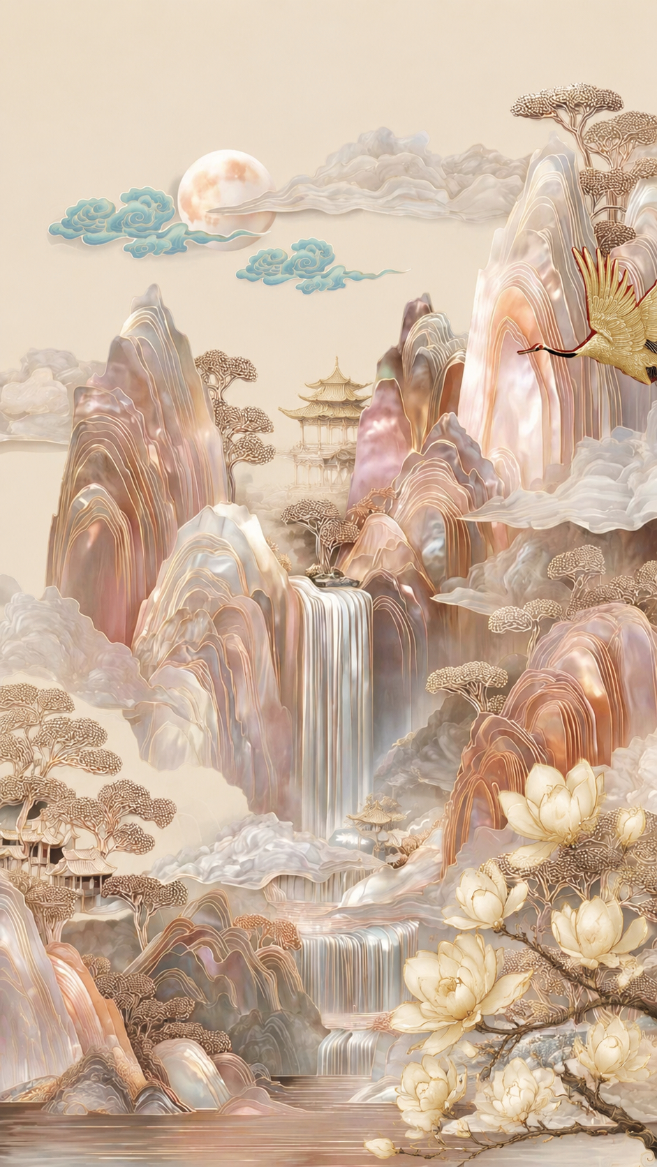 将黑色背景替换为米色纯色平面背景，与主体山水有所区分；去掉画面… - 图片创意预览