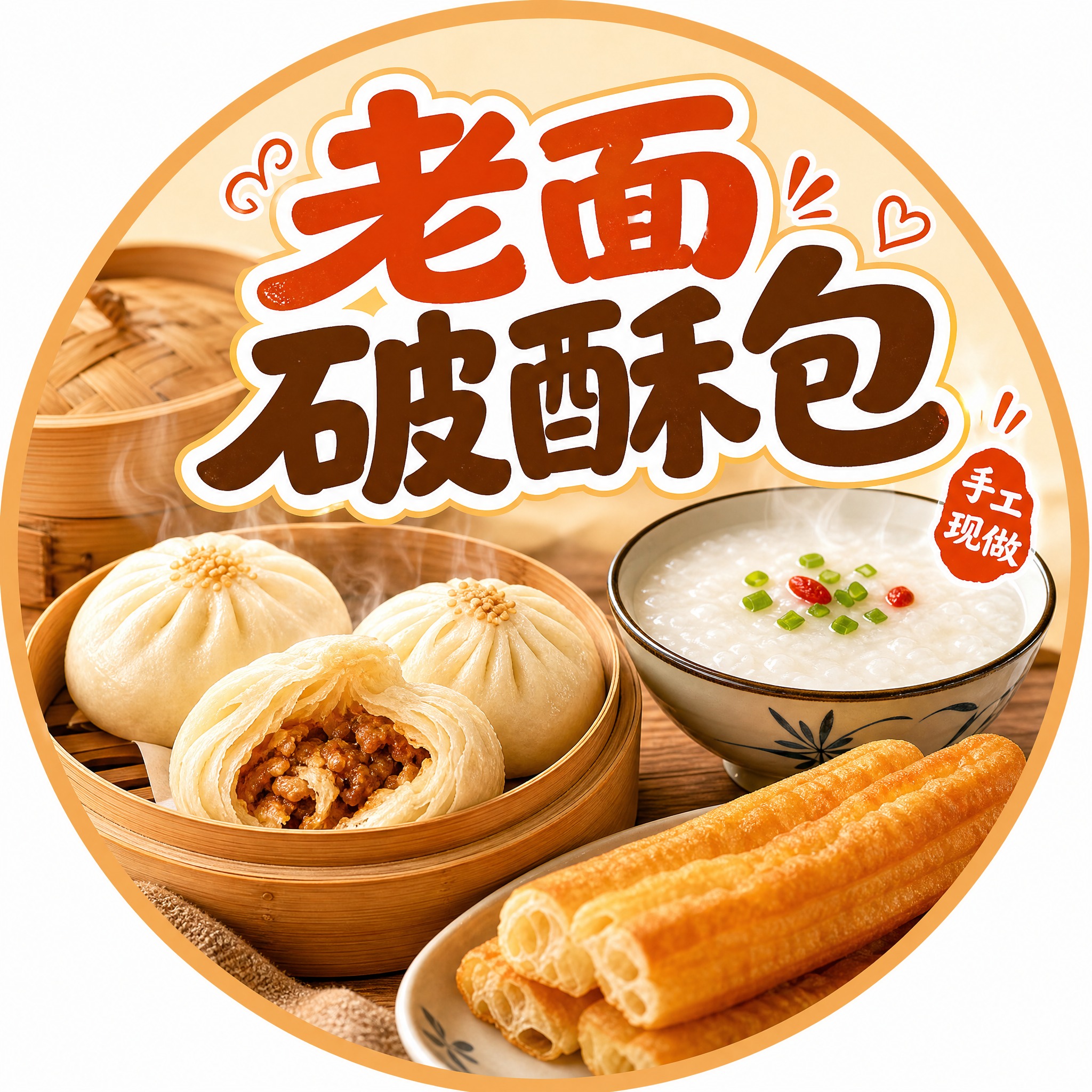 淘宝闪购包子油条粥铺门店头像，圆形构图，暖色调温馨风格，画面中… - 图片创意预览