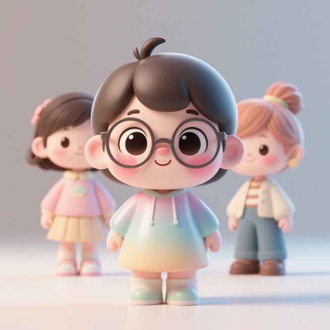 可爱的3D卡通人物，Q版圆润造型，大眼睛，戴眼镜，腮红，不同样式的发型，不同风格的着装，柔和渐变色彩，光滑材质，立体感强，简约背景，明亮光线，卡通渲染，细节精致，萌系风格，可爱表情，生动姿态，高清画质，3D建模效果预览效果