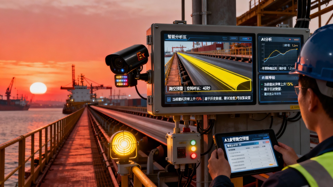 港口散货码头黄昏时分，橙红色的夕阳为封闭式皮带廊道披上暖色。一台带有“Ex”标志的黑色防爆摄像机被牢固安装在廊道侧方，其坚固外壳在夕照下泛着金属光泽，机身状态指示灯正规律闪烁。

摄像机连接的防爆控制预览效果