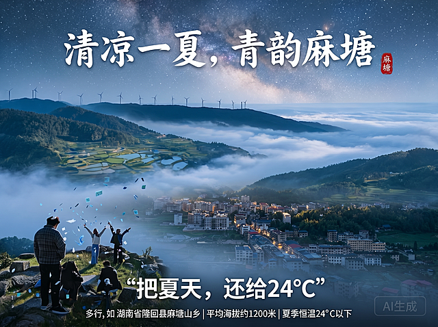 基于第一张实景图，融合第二张图片的星空和云雾元素，打造湖南省隆回县麻塘山乡的清凉风格景点宣传海报，保留真实场景，文字文案：主标题“清凉一夏，青韵麻塘”，副标题“把夏天，还给24℃”，风格为高海拔云雾星空小镇，清凉静谧，设计美感优先，平均海拔约1200米，夏季气温恒定24℃以下
