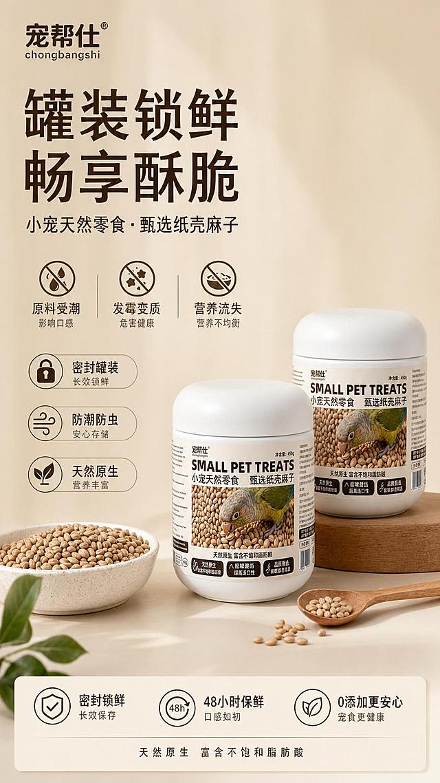 竖版原比例，宠帮仕产品锁鲜包装海报，高清商业场景图，版式复刻，视觉统一。画面主体：左上角品牌"宠帮仕 chongbangshi"，主标题"罐装锁鲜 畅享酥脆"，搭配副标题，直击原料受潮、发霉变质、营养流失饲养痛点；场景展示使用用户上传的产品图（纸壳麻子包装罐），双罐陈列，搭配收纳碗、木勺与散装食材，凸显密封罐装、长效锁鲜、防潮防虫优势。背景要素：统一全覆盖杏米色柔和背景，干净简约。色彩色调：杏米基底为主，搭配包装纯白、原木色、食材原色，柔光自然，整体配色和前后页面完全一致。画面风格：生活化实景电商风，场景氛围感强，排版舒适，品牌辨识度高，全系列风格零偏差。