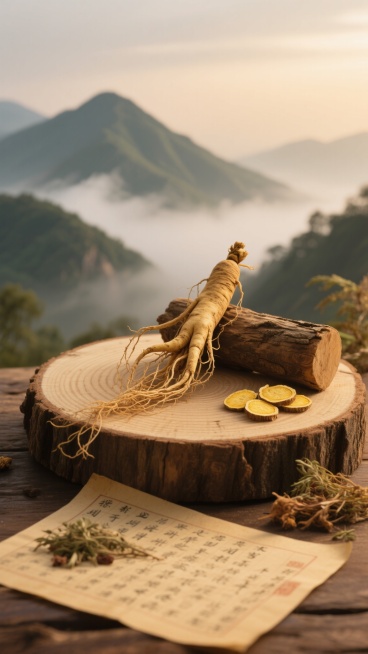 高清写实摄影风格，温暖的棕黄色调，柔和的侧逆光从画面左侧照射，营造古朴自然的氛围。画面主体为一株完整的、根部带须的人参，放置在一块带有年轮纹理的圆形木墩上，木墩旁有一截天然原木。人参右侧摆放着几片切片的黄色药材，旁边散落着一些干燥的草本植物。前景是一张泛黄的、写有古老文字的纸张，纸上也放着少量草本药材。背景为云雾缭绕的青山远景，山体轮廓朦胧。整体构图采用三分法，主体清晰突出，背景虚化处理，光线……预览效果