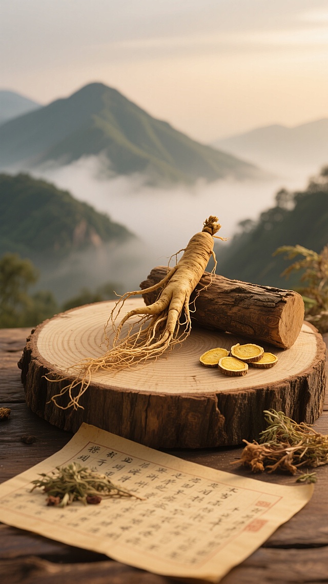 高清写实摄影风格，温暖的棕黄色调，柔和的侧逆光从画面左侧照射，营造古朴自然的氛围。画面主体为一株完整的、根部带须的人参，放置在一块带有年轮纹理的圆形木墩上，木墩旁有一截天然原木。人参右侧摆放着几片切片的黄色药材，旁边散落着一些干燥的草本植物。前景是一张泛黄的、写有古老文字的纸张，纸上也放着少量草本药材。背景为云雾缭绕的青山远景，山体轮廓朦胧。整体构图采用三分法，主体清晰突出，背景虚化处理，光线柔和地勾勒出人参和药材的质感，营造出传统中药的自然、古朴与珍贵感，具有浓厚的东方传统医药文化气息。