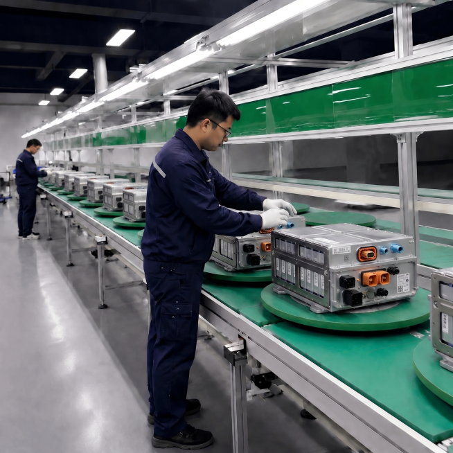将图中生产线上的变速箱产品替换为锂电池模组产品，保持原有工厂生产线场景、工人和整体布局不变预览效果