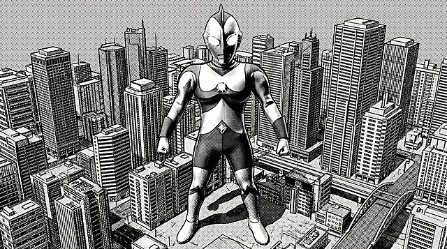 保持奥特曼为黑白漫画风格，将背景修改为缩小的城市楼群景观，保留人物主体造型和漫画质感