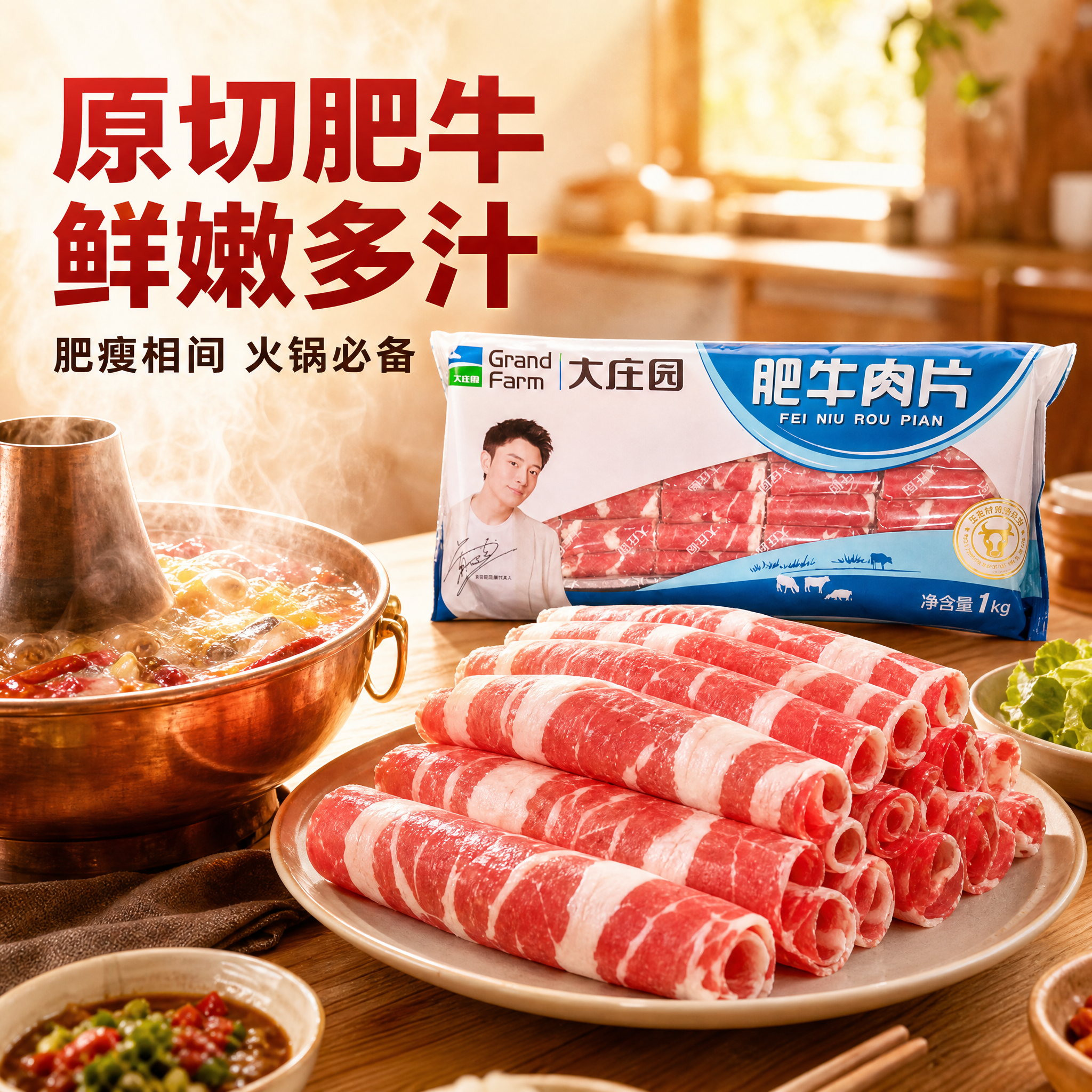 [主图-2] 大庄园肥牛肉片 食材细节与火锅食用场景展示，突出… - 图片创意预览