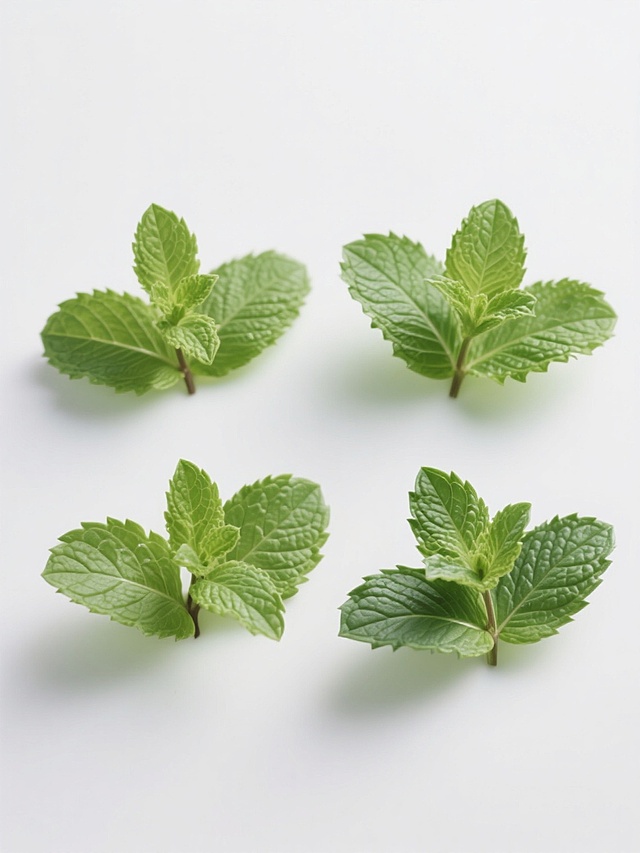 超写实摄影风格，纯白纯色背景，简约现代构图，四个规整排布的薄荷叶素材，每张素材展示不同形态的新鲜薄荷叶，叶片呈现鲜亮的嫩绿色至深绿色渐变，表面纹理清晰可见，叶脉结构分明，边缘光滑，叶片饱满有光泽，光影自然柔和，高光和阴影过渡细腻，无任何文字、logo和水印，整体视觉干净简洁，突出薄荷叶的自然质感和细节。