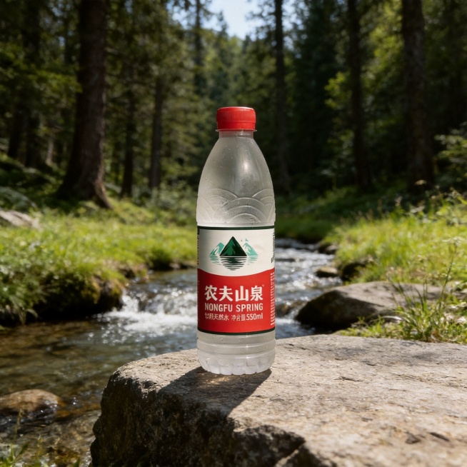 农夫山泉矿泉水，整瓶呈现，保持产品完整，户外自然场景，电商主图预览效果