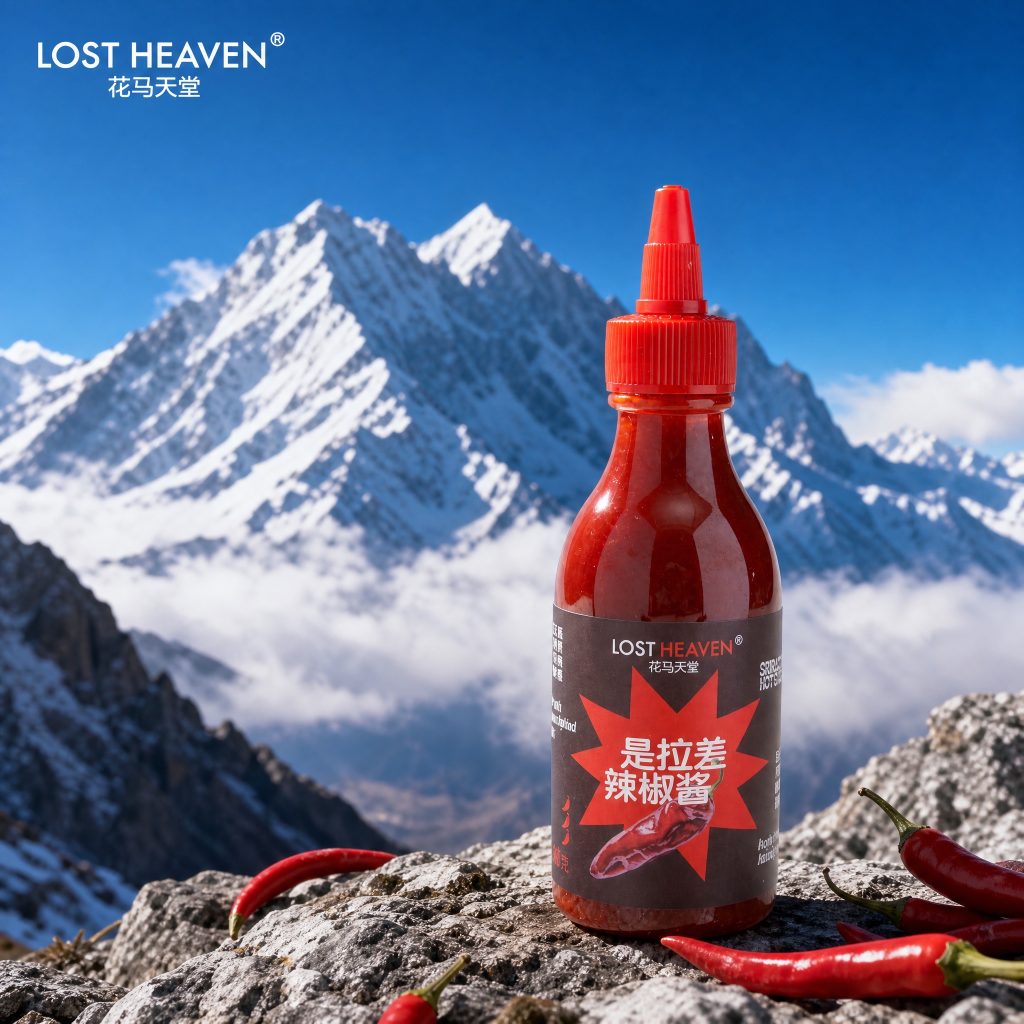 将产品背景替换为云南玉龙雪山场景的创意主图。产品瓶身形状、标签… - 图片创意预览