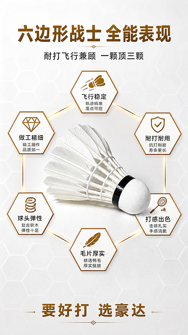 [第2张] 详情页核心卖点海报-豪达H6羽毛球六边形战士六大优势海报。本张使用【图2】作为羽毛球实物主体（精选鸭毛，黑色线圈，复合软木球头）。产品100%还原上传图的羽毛球外观、毛片纹理、球头质感、黑色线圈样式。
[氛围/风格] 海报式卖点展示，六边形战士概念，古铜金棕色系，商业摄影质感，醒目有力。
[元素布局] 画面中央展示一颗侧躺的白色羽毛球，占比约30%，精选鸭毛毛片纹理清晰，黑色线圈光亮，复合软木球头质感真实；羽毛球周围环绕六个六边形图标，呈六边形排列，每个图标对应一个核心卖点，形成六边形战士的视觉概念。背景为浅灰白色渐变，有细微的六边形暗纹装饰，增强主题感。
[光影质感] 左前方柔光照明，羽毛球表面有自然高光和阴影，羽毛纹理清晰细腻，球头纹理真实，整体明亮有质感。
[配色色系] 全局底色 #F8F9FA 浅灰白；主色古铜金棕色 #8B6914；辅助色白色、深灰色文字、黑色图标。
[视角构图] 中心产品+环绕式卖点布局，阅读动线顶部标题 → 中心产品+六边形卖点 → 底部总结。
[文字版式] 版式为顶部大标题 + 中心产品+六边形卖点 + 底部slogan。顶部主标题「六边形战士 全能表现」古铜金棕色粗体居中；副标题「耐打飞行兼顾 一颗顶三颗」深灰色中号字居中。六个六边形卖点顺时针排列：飞行稳定、耐打耐用、打感出色、毛片厚实、球头弹性、做工精细。每个六边形图标为古铜金棕色边框+白色填充，图标内有对应小图标和文字。底部古铜金棕色文字「要好打 选豪达」。
[比例分辨率] 9:16竖版比例，4K分辨率，文字清晰可辨，高清画质。
[负向提示词] 变形，水印，文字错乱，产品图模糊，背景杂乱，颜色偏差