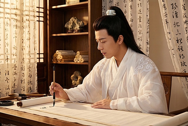 图中人物五官不变，年轻东亚男性（18-25岁）全身古风人像，侧颜低垂，神情专注书写书法。黑色长发高束成马尾，佩戴白玉发冠。身着白色半透汉服，左肩有精致的白色云纹刺绣，衣袖宽松飘逸。坐在雕花深色木椅上，右手持传统毛笔，在铺于木桌的长卷宣纸上书写；桌面摆放备用毛笔与砚台。背景是中式书房：深色木质书架陈列卷轴与奇石摆件，两侧半透纱帘印有黑色书法纹样，营造雅致氛围。采用左侧暖金色侧光，光线温润，凸显汉服的通透质感与宣纸纹理，传递文人墨客的沉静气质。整体风格超写实，细节丰富，充满电影感的古风文人写真