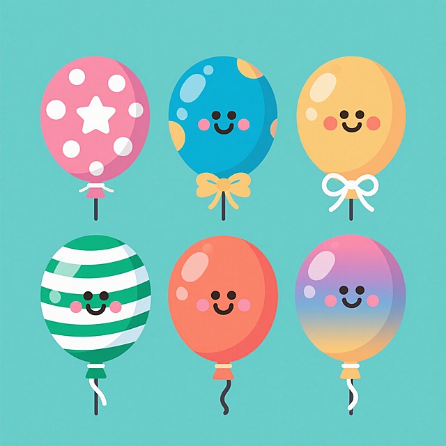 一组六个完全不同造型的卡通风格气球系列素材集合，每个气球均保持圆润形态、高光细节和细绳捆绑特征，整体采用纯色背景设计，色彩变换为六个不同的色调组合，整体构图规整排布，保持统一的扁平化矢量插画风格，画面简洁明快，每个气球造型在细节装饰（如波点、条纹、星星图案、笑脸、蝴蝶结、渐变色彩等）上各具特色，视觉层次清晰，设计风格统一，适合作为系列海报或宣传素材使用