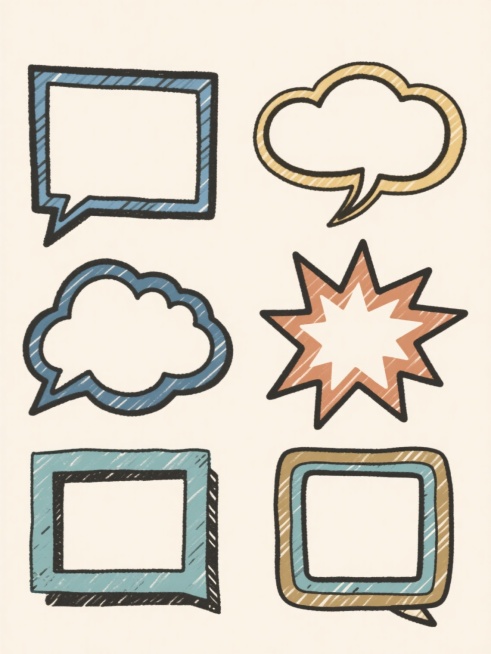 六个不同配色、不同样式、不同材质的气泡框设计，采用左右两行对齐排列，浅色背景，整体风格为手绘漫画风格，线条粗犷有力，带有速写感的笔触，每个气泡框具有独特的轮廓造型，包括方形带尖角、椭圆形、云朵形、爆炸星形、双层边框矩形等，边缘带有自然的手绘纹理，无文字、LOGO、电话地址及二维码。预览效果