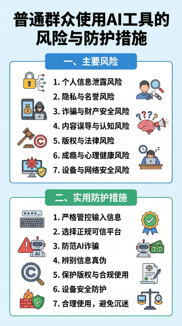 参考这张图片的简约科普信息图风格，设计一张AI与数据安全宣传单，标题为“普通群众使用AI工具的风险与防护措施”，内容分为“一、主要风险”和“二、实用防护措施”两部分，主要风险包含：1.个人信息泄露风险预览效果