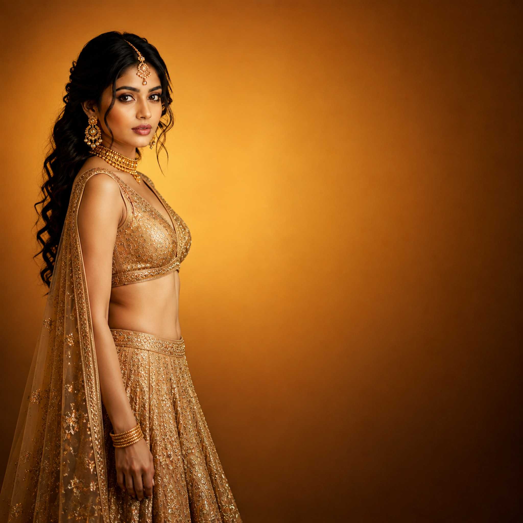 年轻美丽的印度女性，身穿传统露腰纱丽服（Lehenga Cho… - 图片创意预览