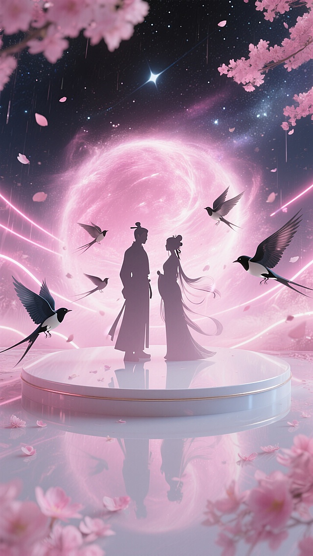 七夕展台，梦幻剪影风插画，情侣在樱花与银河中相依，超现实浪漫唯美。