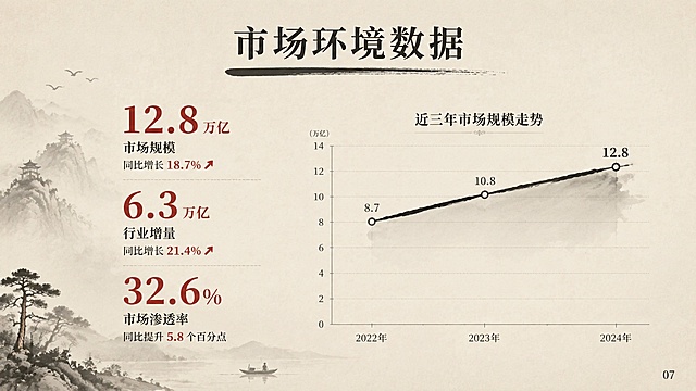 PPT市场环境数据页，新中式水墨风格，16:9横版。米白宣纸背景。顶部标题"市场环境数据"，深墨色宋体，下方毛笔横线。左侧展示三个大数字指标，数字用朱红色大号字体，下方是指标名称和同比增长说明。右侧是一个水墨风格的折线图，曲线用墨色绘制，坐标轴用细灰线，图表标题为"近三年市场规模走势"。图表整体融入水墨质感。右下角页码"07"。
