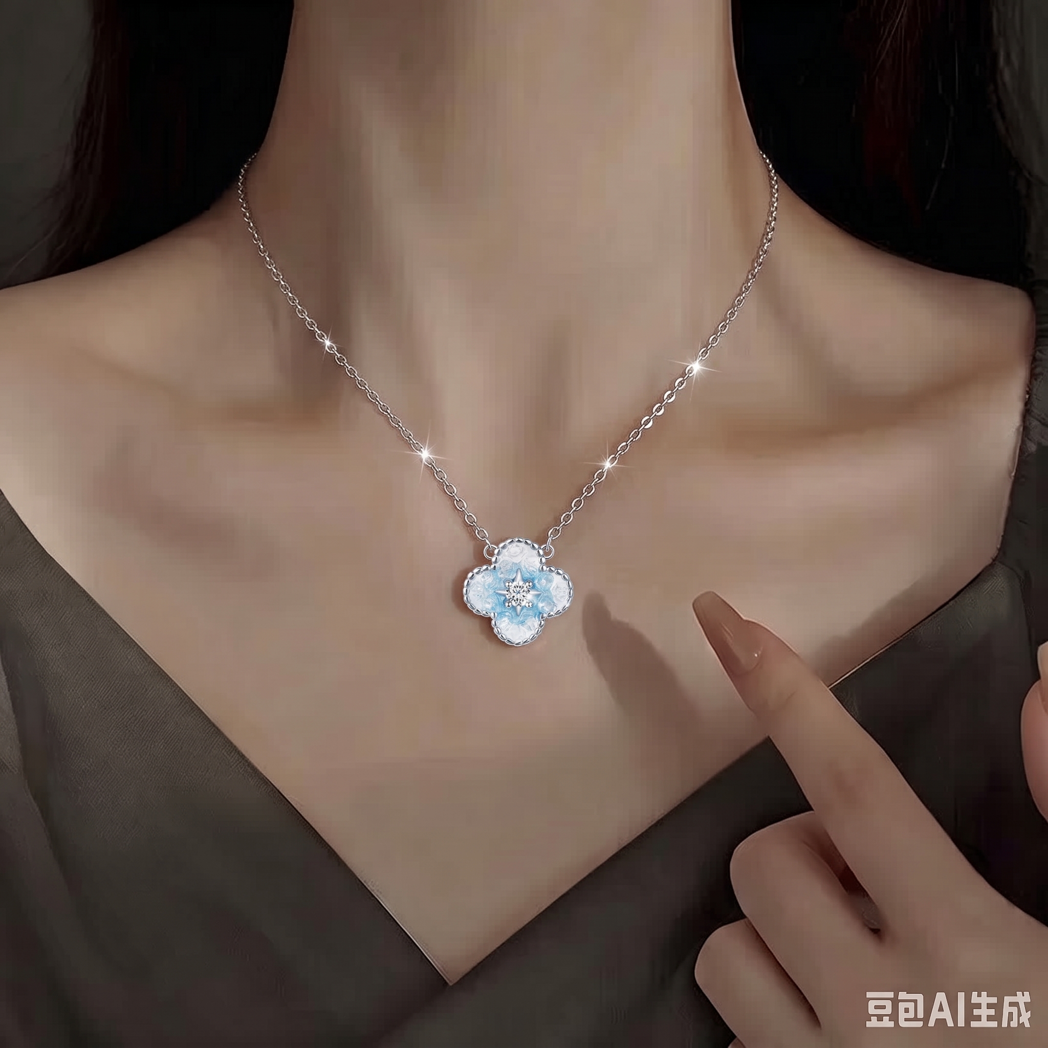 把模特身上的项链改成图1的项链保留暗调背景与锁骨质感 - 图片创意预览