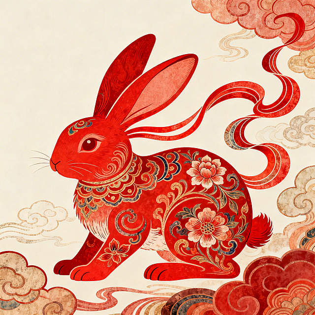 卯兔主题插画，融合中国传统风格与敦煌壁画艺术特色，红色主色调，兔子形象融入敦煌飞天元素、祥云纹样、传统花卉图案，线条细腻流畅，色彩饱满浓郁，具有敦煌壁画特有的厚重质感和华丽装饰性