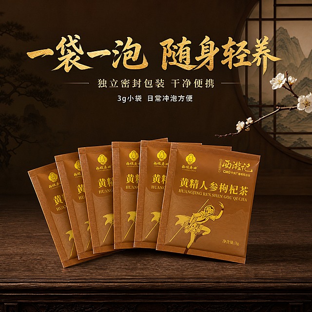 [主图-3] 独立茶包特写图，任务是展示独立袋泡包装的便携性与便利性，突出一袋一泡随身轻养。
[统一基调] 京东1:1主图，国风调性，中式窗景山水意境，暖棕金色系，深棕背景配烫金文字与线条，稳重典雅有品质感；主标题用粗厚国风书法体烫金色，副标题用细宋体浅金色，小字用简洁黑体米白色；整体文字占比小于30%，一图一重点，画面干净不杂乱。
[画面] 画面中心偏下位置，多包黄精人参枸杞茶独立小茶包呈扇形优美摆放，约6-8包，从左到右依次展开呈放射状扇形排列，茶包为棕金色小袋包装，正面印有孙悟空形象与产品名称，保持与礼盒一致的设计风格；茶包立在深色木质台面上，底部有自然阴影；背景延续中式窗格山水意境，窗格旁点缀一枝简约梅花或松枝装饰，增添国风雅致；茶包主体占画面约55%，包装细节清晰。
[光影质感] 商业摄影质感，柔和暖调正面光，茶包包装的金色烫印效果有自然反光，纸质包装纹理真实；扇形排列形成优美的视觉节奏，光影均匀不刺眼，突出包装的精致感与品质感。
[配色] 主色调深棕、暖棕、烫金、米白；茶包棕金色与背景深棕形成层次，金色烫印作为视觉亮点；背景深棕渐变叠加窗格山水剪影。
[文字版式] 画面上方主标题："一袋一泡 随身轻养"，粗厚国风书法体，烫金色，字号最大；主标题下方副标题："独立密封包装 干净便携"，细宋体，浅金色，字号约为主标题一半；副标题下方小字："3g小袋 日常冲泡方便"，简洁黑体，米白色，字号更小；所有文字放在上半部分负空间，不遮挡茶包主体。
[输出要求] 1:1正方形，2048×2048，2K分辨率，文字清晰无错字，茶包包装清晰不变形，画面干净有质感；禁止出现京东Logo、水印、二维码、绝对化用语、医疗功效宣称，禁止产品悬浮穿模。