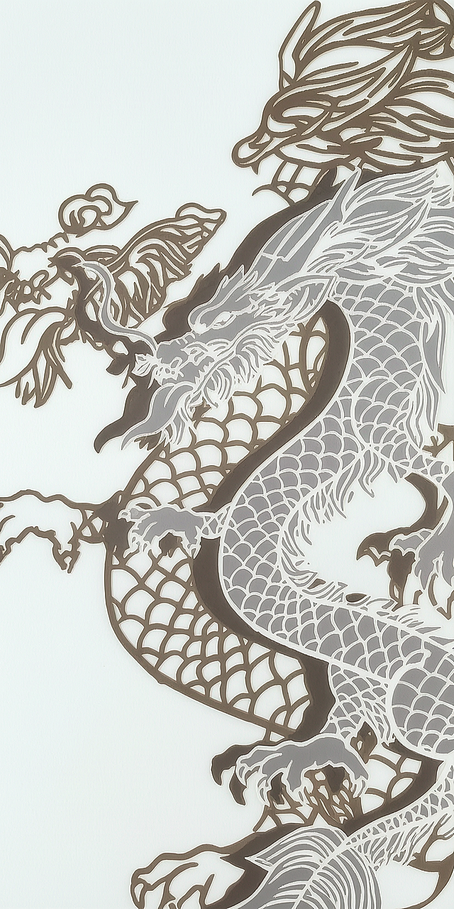 提取手机壳中的银灰线条中国龙图案，移除磁吸环，制作成1600*3200尺寸的壁纸，保留原图案线条和配色，背景保持通透浅色