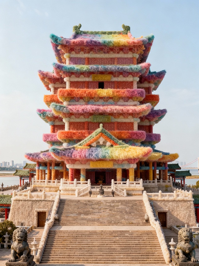 梦幻感与国潮风交融，中式古塔以毛发生长风呈现彩虹色，重拟物与浮雕设计凸显喜庆卡通感，传统建筑焕发奇幻新貌。