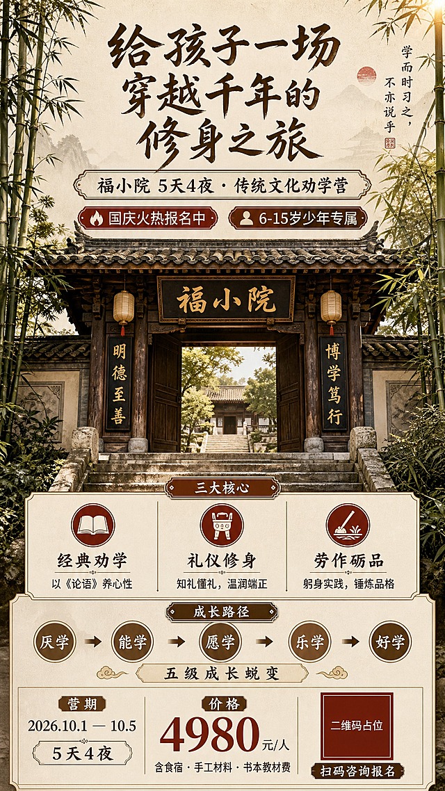 一张竖版9:16的国风课程招生海报，东方雅致新中式风格。

【版本一：书院门庭风】
- 主视觉：古色古香的书院大门，门匾上书"福小院"，两侧竹林掩映，石阶延伸，晨光洒落
- 配色：深咖色#3E2C1C为主色，米黄宣纸色#F5F0E8背景，赭石红为点缀
- 氛围：古朴庄重，书香门第之感

【文字内容（必须完整呈现）】
主标题："给孩子一场穿越千年的修身之旅"
副标题："福小院 5天4夜 · 传统文化劝学营"
标签："国庆火热报名中" "6-15岁少年专属"

三大核心：
"经典劝学" —— 以《论语》养心性
"礼仪修身" —— 知礼懂礼，温润端正
"劳作砺品" —— 躬身实践，锤炼品格

成长路径：
"厌学 → 能学 → 愿学 → 乐学 → 好学"
"五级成长蜕变"

营期："2026.10.1 — 10.5  5天4夜"
价格："4980元/人" （大号赭石红突出）
小字："含食宿 · 手工材料 · 书本教材费"

装饰文案："学而时习之，不亦说乎"
底部：二维码占位 + "扫码咨询报名"

二维码区域使用纯色方块占位符呈现，方块中央标注"二维码占位"文字。
所有信息区域必须填充完整，不得空白。数字精确：5天4夜、6-15岁、2026.10.1、10.5、4980元。