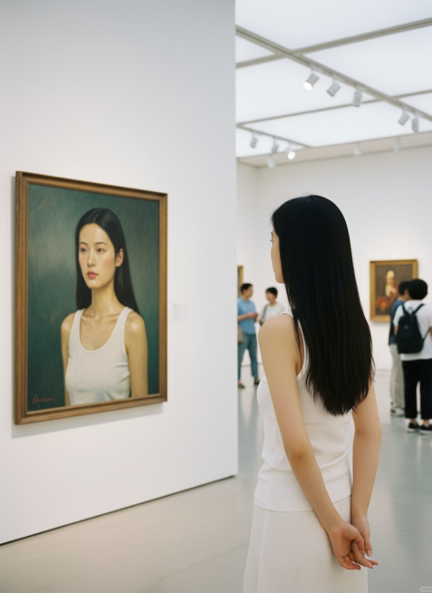 斜拍背面视角，在一个艺术展厅里，参考图人物在欣赏墙上挂着的一幅油画，画中人物形象与该人物呼应，画要显示完整，远处有其他参观的人，画面是明亮射灯营造的自然氛围。预览效果