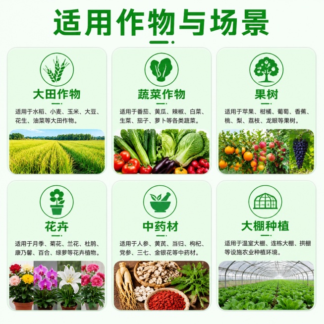 [第7屏] 适用场景与作物范围说明。
[氛围/风格] 清晰分类，信息全面，方便用户快速判断适用性。
[元素布局] 顶部主标题，下方用6个圆角卡片展示适用场景和作物，每个卡片配简单图标或缩略示意，标注适预览效果