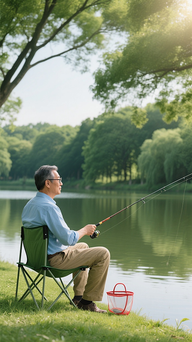 写实风格，一位戴着眼镜的中年男子坐在绿色折叠椅上，身着浅蓝色衬衫与卡其色长裤，专注地手持钓鱼竿望向平静的湖面，湖边绿草如茵，背景是茂密的树木形成的绿色屏障，阳光透过树叶洒下斑驳光影，营造出宁静闲适的氛围，男子脚边放着一个红色提手的小鱼护，钓鱼线轻轻垂入水中，水面倒映着树木的影子，整体画面色彩清新自然，光影柔和，细节丰富，展现出户外垂钓的悠然惬意场景。
