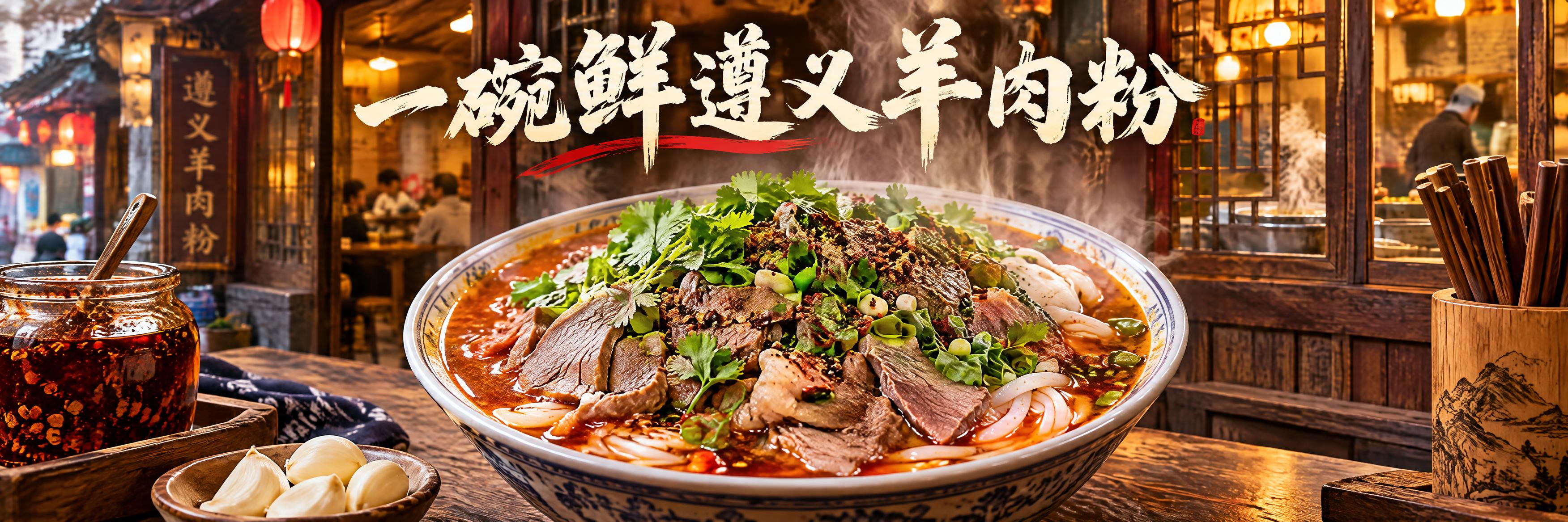 遵义羊肉粉店铺海报，横版长幅构图，市井烟火气风格，画面主体是一… - 图片创意预览